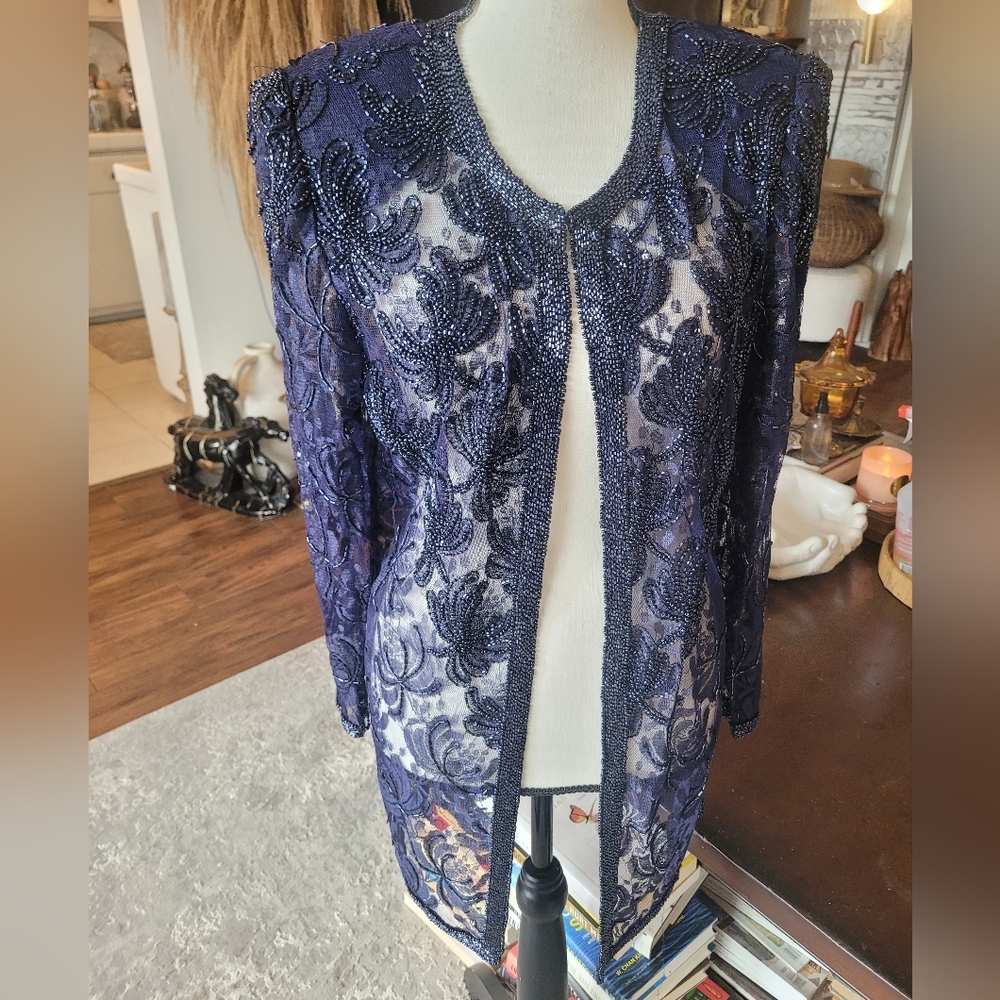Laurence Kazar Navy Lace Beaded Cardigan